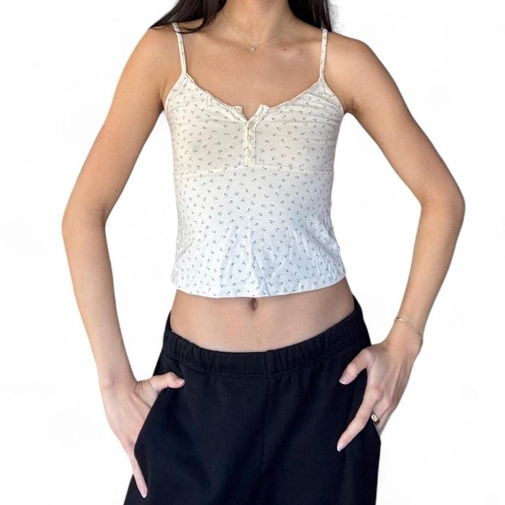 Brandy Melville Women's Cream Floral Tank Top